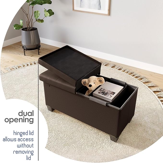 Storage Ottoman Bench with Bins, 30-in Storage Bench for Bedroom End of Bed, Folding Foot Rest Ottoman for Living Room Max 660lbs, Faux Leather Ottomans, Brown