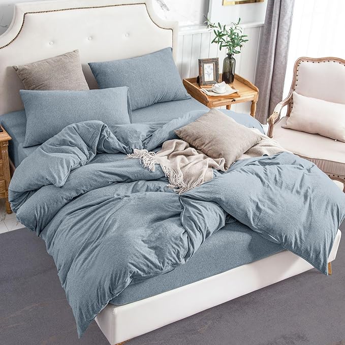 PURE ERA Jersey Knit Duvet Cover Set 100% T-Shirt Cotton Super Soft Comfy 3pc Bedding Set with Zipper Closure (Heather Blueish Grey, Oversized King)