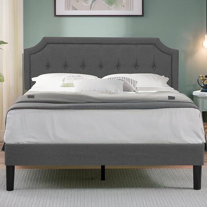 VECELO Queen Upholstered Platform Bed Frame with Adjustable Button Stitched Panel Headboard,Strong Wood Slat Support,Velcro Design,Mattress Foundation/Easy Assembly,Grey