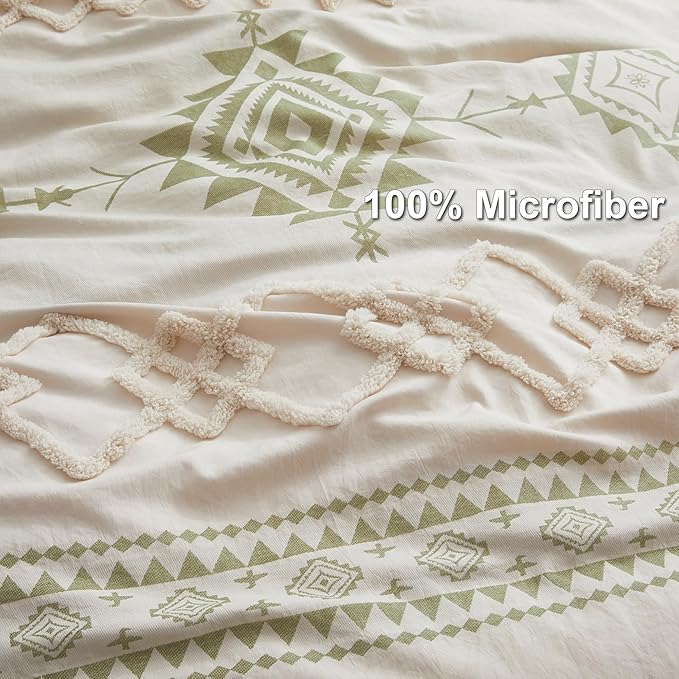 Oli Anderson Boho Duvet Cover Set Queen Size, Beige and Sage Green Color Clash 3 Pieces Microfiber Bedding Set, Durable and Super Soft Duvet Covers with Zipper and Ties, 90"*90"