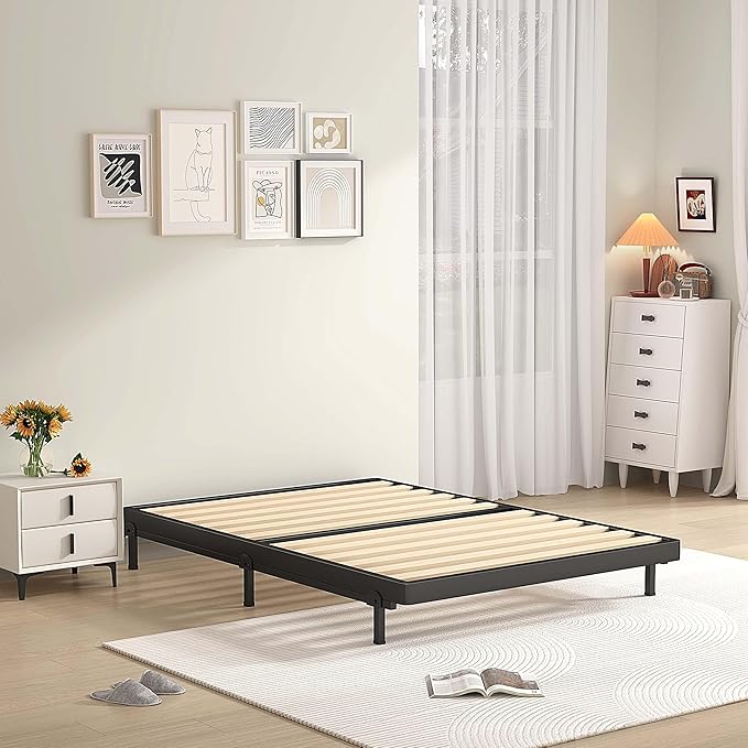 MAF 2 Inch Twin Box Spring with Round Corners, Low Profile Box Spring Twin Size, Bunkie Board with Wood Slats Bed Slat Replacement 3500 lbs Black Heavy Duty Metal Mattress Foundation, Easy Assembly