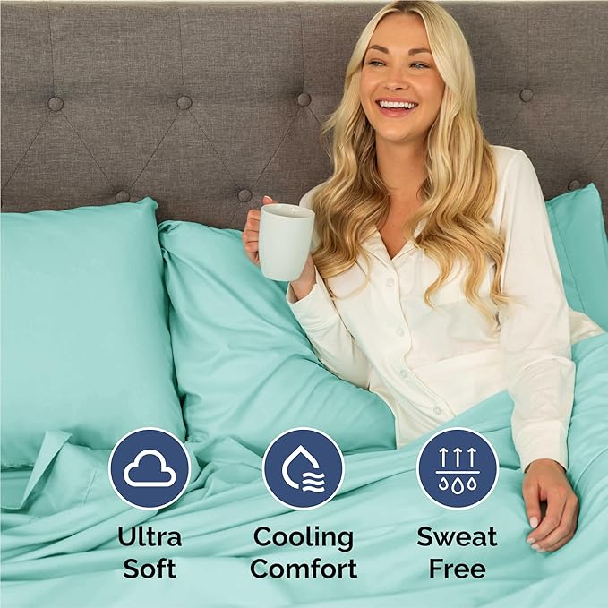 Split King 7 Piece Sheet Set - Comfy, Breathable & Cooling - Soft Hotel Luxury Bedding for Women, Men, Kids, Teens and Children - 1 Flat & 2 Fitted Sheets & 4 Pillowcases with Deep Pockets - Spa Blue