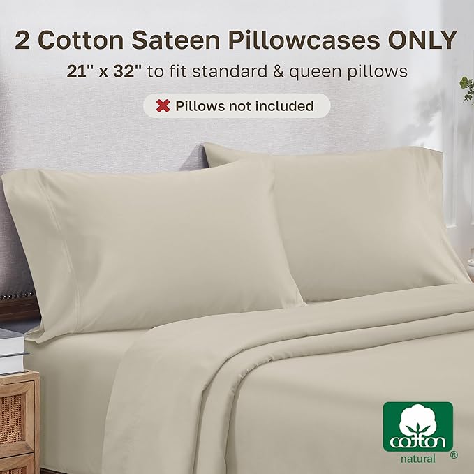 California Design Den Pillow Cases Standard Size Set of 2-800 Thread Count Sateen, Natural 100% Cotton Pillowcases, Fits Standard & Queen Pillows - Beige