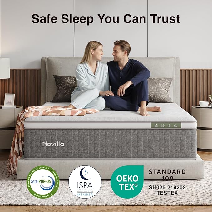 Novilla 14 Inch Queen Size Mattress,Hybrid Queen Mattress with Gel Memory Foam, Cool-to-Touch Nylon Blend & Pocketed Coils for Adaptive Body Support & Motion Isolation CertiPUR-US Certified
