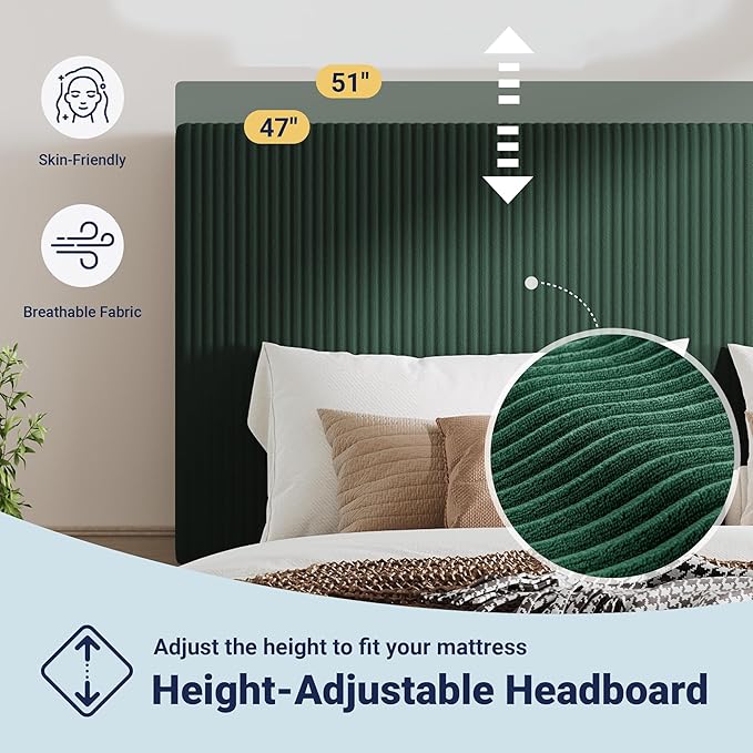 Allewie Full Size Upholstered Bed Frame with Vertical Channel Tufted Headboard, Soft Corduroy Fabric Platform Bed, Strong Wooden Slats Support, Easy Assembly, No Box Spring Needed, Dark Green