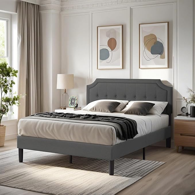 VECELO Queen Size Platform Bed Frame with Fabric Upholstered Headboard and Wooden Slats Support, No Box Spring Needed/Easy Assembly,Grey