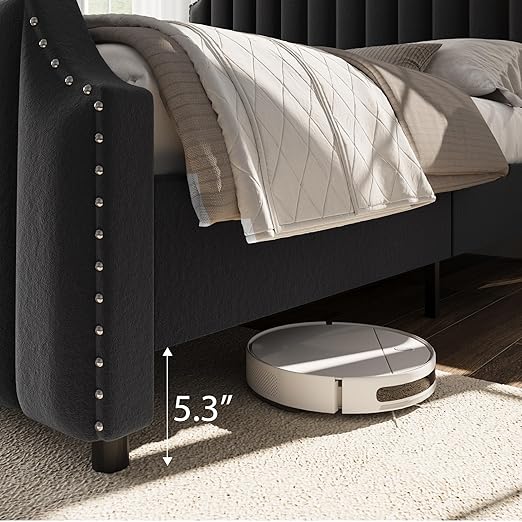 GarveeHome Queen Size Platform Bed Frame with 50.2 in Tall Headboard, Velvet Upholstered Bed Frame with Vertical Channel Tufted Headboard & Footboard, Nailhead Trim, No Box Spring Needed, Black
