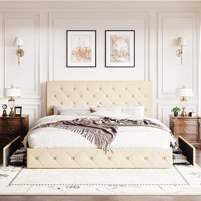 SHA CERLIN Upholstered King Size Platform Bed Frame with 4 Storage Drawers, Adjustable Headboard with Diamond Stitched Button Tufted Design, Wooden Slat Support, No Box Spring Needed, Beige
