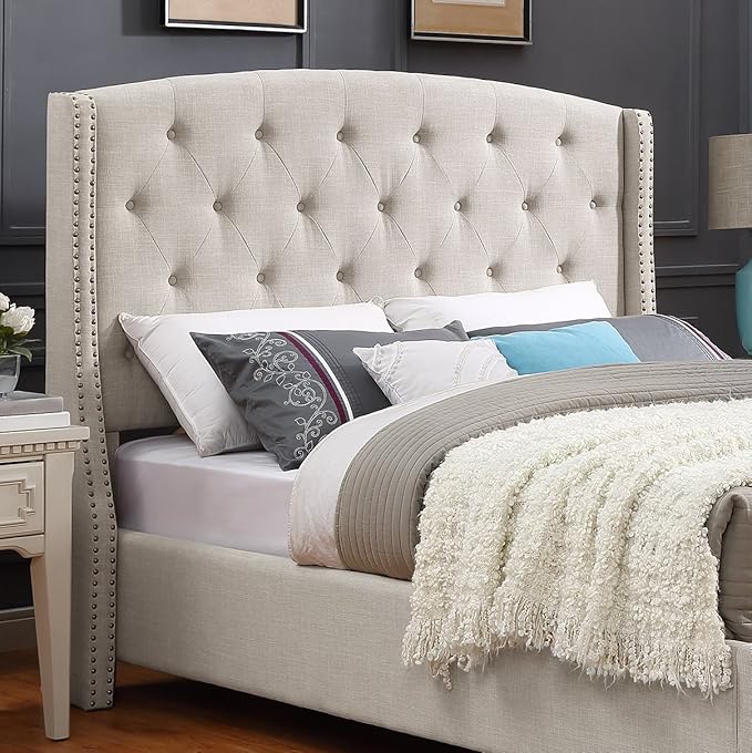 Roundhill Furniture Nantarre Fabric Tufted Wingback Upholstered Bed with Nailhead Trim, King, Tan