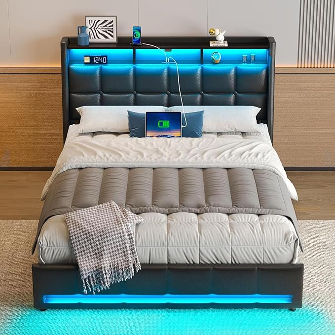 Rolanstar Queen Size Bed Frame with LED Lights and Charging Station, Upholstered Headboard with 2-Tier Storage Shelves, Heavy Duty Metal Frame, Noise-Free Support, Easy Assembly, No Box Spring Needed