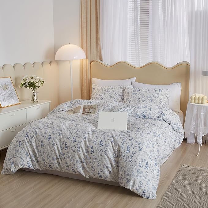 VM VOUGEMARKET 3 Pieces Blue Flower Duvet Cover Set Twin Cottagecore Botanical Duvet Cover with 2 Pillowcases 100% Cotton Leaves Bedding Set Vintage Garden Style for Teen Girls-68 X86