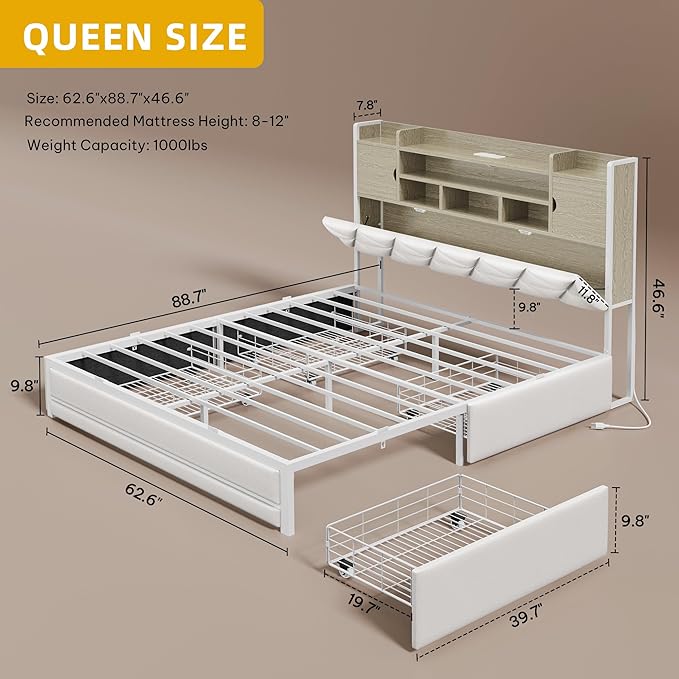 DWVO Queen Size Bed Frame with RGB LED Lights & Storage Bookcase Headboard, Upholstered Bed with Charging Station and 4 Drawers, No Box Spring Needed, Easy Assembly, Noise-Free, PU Leather White