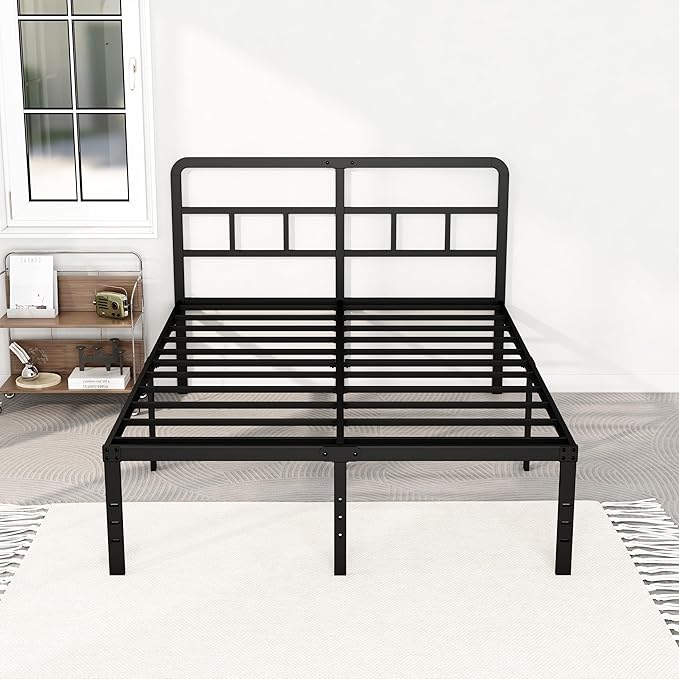 DiaOutro 18 Inch Full Size Bed Frame with Headboard No Box Spring Needed, Heavy Duty Metal Platform with Steel Slat, Mattress Foundation, Easy Assembly, Noise Free, Black