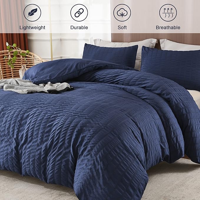 AveLom Seersucker Duvet Cover Set Queen Size (90 x 90 inches), 3 Pieces (1 Duvet Cover + 2 Pillow Cases), Navy Blue Ultra Soft Washed Microfiber, Textured Duvet Cover with Zipper Closure, Corner Ties