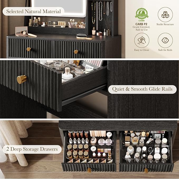 Memobarco Fluted Vanity Desk with Mirror and Lights, Small Makeup Vanity with 2 Drawers and Jewelry Storage Cabinet, 3 Lighting Modes Adjustable Brightness, Dressing Table for Bedroom - Black