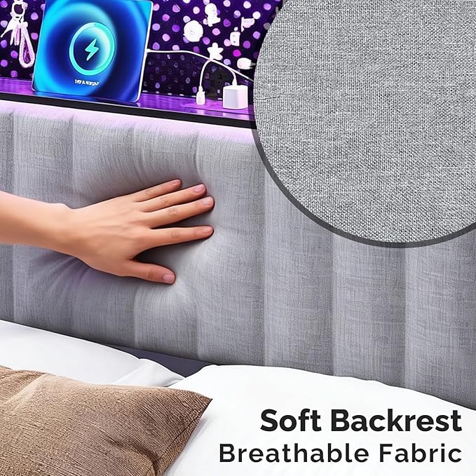 VINGLI Queen Size Headboard Only, Adjustable Upholstered Headboard with 2 Tier Shelves and Pegboard with Charging Stations and LED Lights, Modern Bed Headboard with Storage for Bedroom Decor