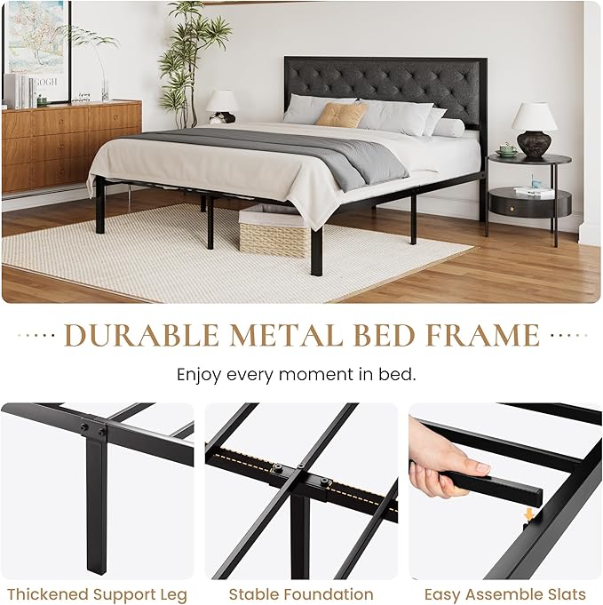 SHA CERLIN King Size Metal Platform Bed Frame,Linen Upholstered Button Tufted Headboard, Mattress Foundation with 12.4” Under-Bed Storage, Noise-Free, Easy Assembly, No Box Spring Needed, Dark Grey