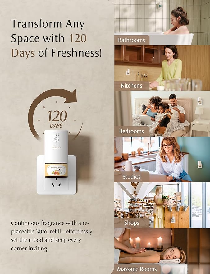 Plug-in Air Freshener for Home, Waterless Essential Oil Diffuser for Bedroom and Bathroom, Non-Toxic Formula for Pets and Nursery, 120 Days Runtime, Refillable Ginger(Amber Brown)