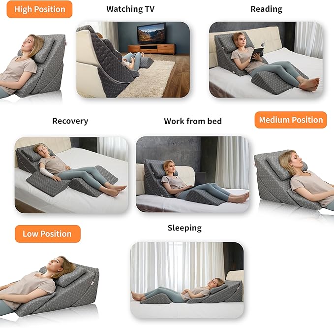 Adjustable Orthopedic Bed Wedge Pillow Set, Post Surgery Recovery, Memory Foam Wedge Pillow for Back, Knee and Leg Pain Relief, Sleeping, Sitting up in bed, Reading, Acid Reflux, Snoring, Melange Gray