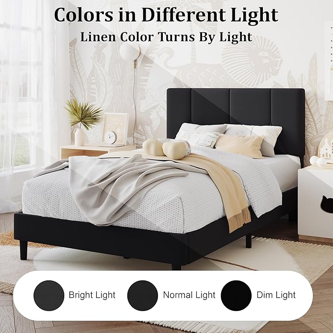 Twin Bed Frame, Padded Platform Bed Frame with Velvet Headboard, Vertical Quilted Design, Sturdy Slatted Mattress Base, No Spring Mattress Required, Easy to Assemble, Black