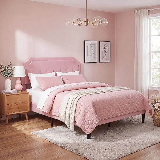 VECELO Queen Size Velvet Bed Frame with Headboard, Upholstered Platform Bedframe with Strong Wooden Slats, No Box Spring Needed, Easy Assembly,Pink