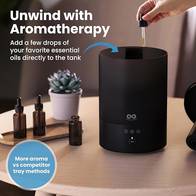 Everlasting Comfort 2.5L Top Fill Humidifier for Bedroom – Quiet, Easy to Fill & Clean, 24HR Runtime, Night Lights, Timer, Ultrasonic Cool Mist, Auto Shut-Off for Indoor Use - Black