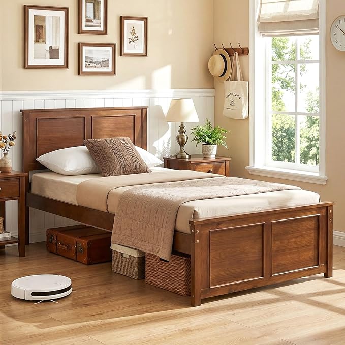 Giantex Wood Twin Bed Frames with Headboard, Farmhouse Solid Platform Bed w/Wooden Slat Support Mattress Foundation, Under-Bed Storage, No Box Spring Needed, Walnut