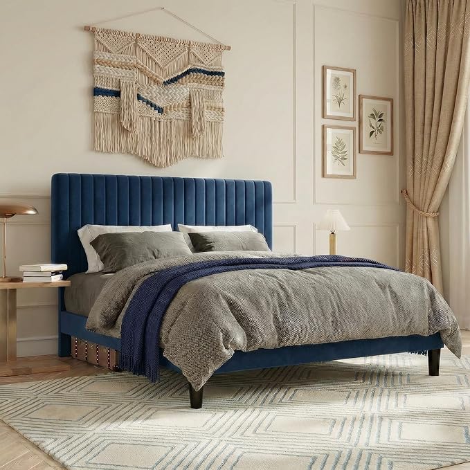 SHA CERLIN Queen Upholstered Platform Bed Frame with Vertical Channel Tufted Velvet Fabric Adjustable Headboard, Wooden Slats Support, Mattress Foundation, Box Spring Optional, Blue