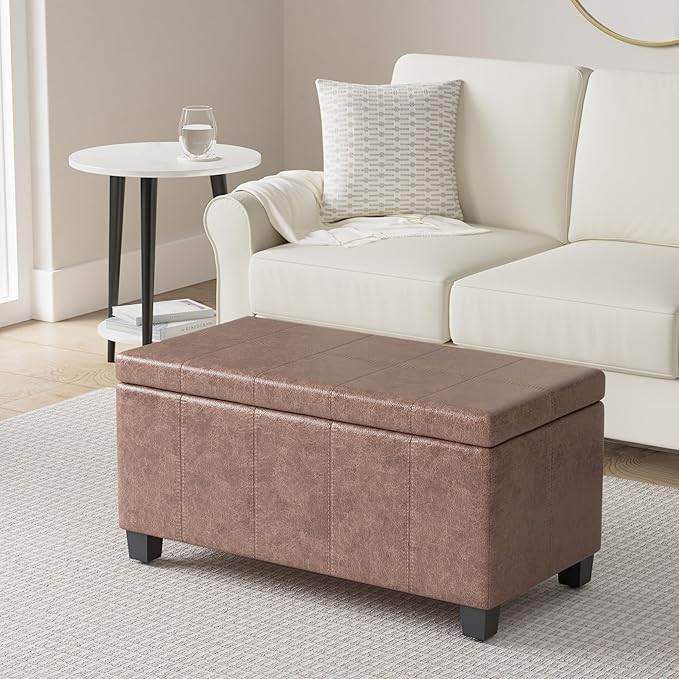 SIMPLIHOME Dover Storage Ottoman Bench - 36 inch Wide Upholstered Vegan Leather Rectangular Lift-Top Ottoman in Distressed Umber Brown, Contemporary Bench for Living Room with Safety Hinges