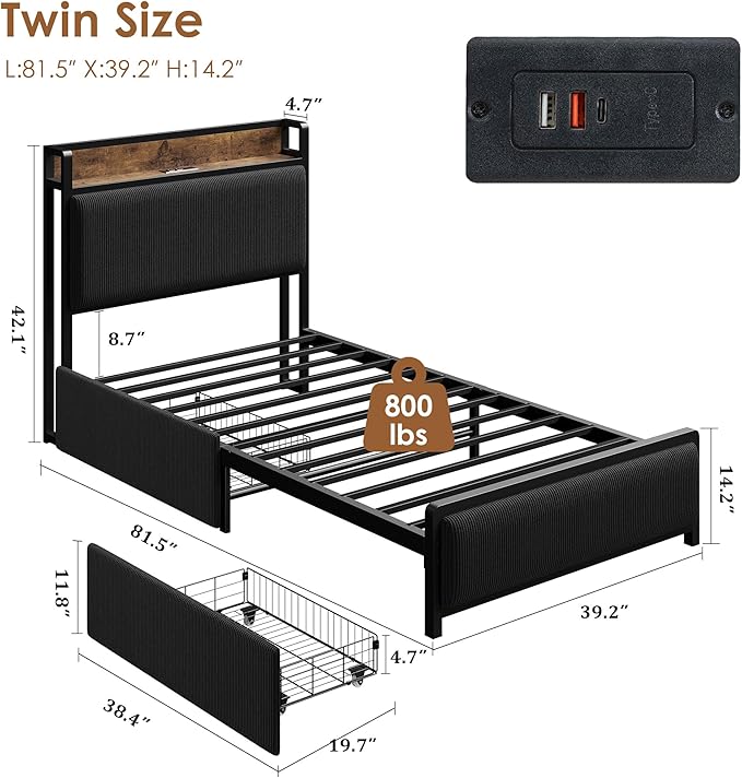 GAOMON Twin Size Bed Frame with 2 Storage Drawers and Charging Station, Rustic Velvet Upholstered Platform Bedframe with Storage Headboard, No Box Spring Needed, Easy Assembly, Noise Free, Black