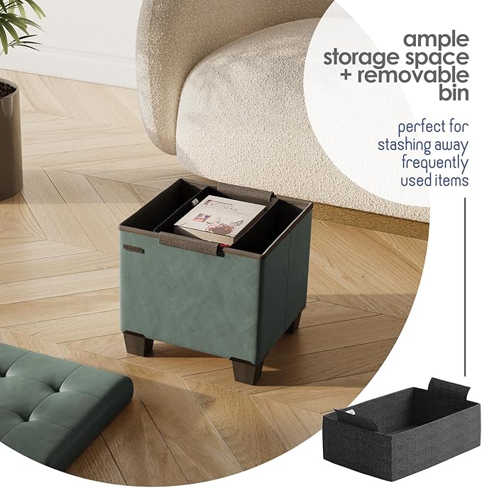 Storage Ottoman Cube with Small Bin, 15-in Square Ottoman with Storage for Living Room and Bedroom, Small Ottomans Foot Rest, Leather Foot Stools Ottomans Max 330lbs, Green