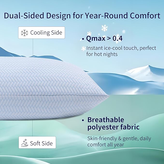 DOWNCOOL Cooling Pillow Queen Size Set of 2, Adjustable Shredded Memory Foam Pillows for Sleeping, Cool Bed Pillows for Hot Sleepers, Supportive Firm Pillow for Side Back Stomach Sleepers, 20X30