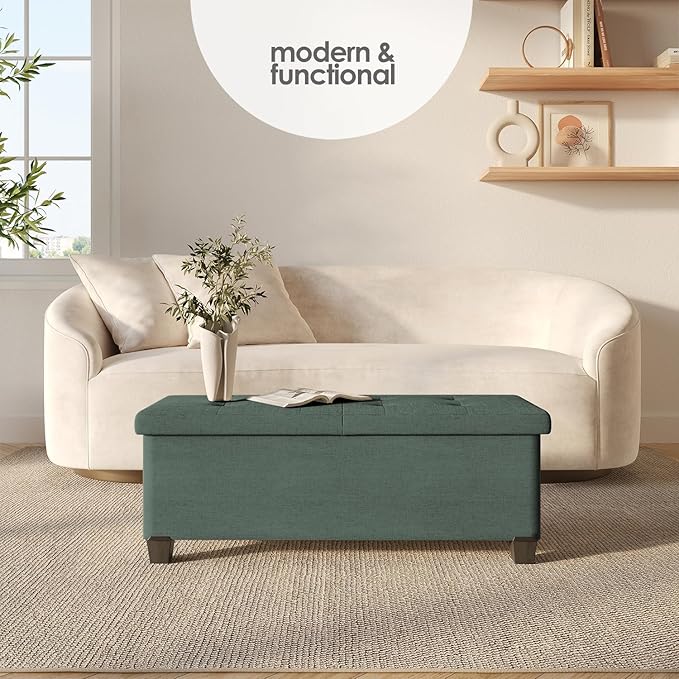Storage Ottoman Bench with Bins, 43-in Storage Bench for Bedroom End of Bed, Folding Foot Rest Ottoman for Living Room Max 660lbs, Fabric Ottomans, Green
