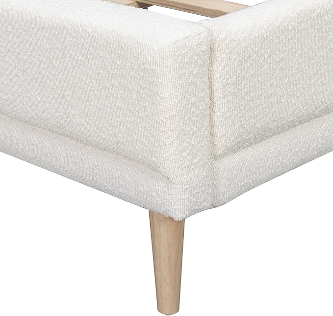King Size Upholstered Platform Bed Frame with Boucle Fabric Wingback Headboard Solid Wood Legs No Box Spring Modern Bed Frame, White