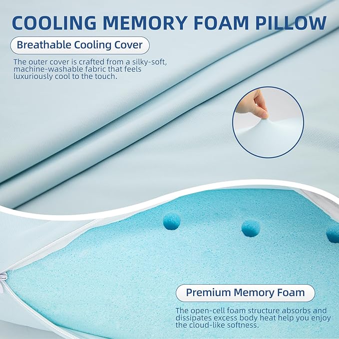 HIMOON Cooling Memory Foam Pillow, Bed Pillow for Sleeping, Standard Size, Breathable Memory Foam, Premium Support with Washable Cover for Back, Side and Stomach Sleepers (2 Packs)