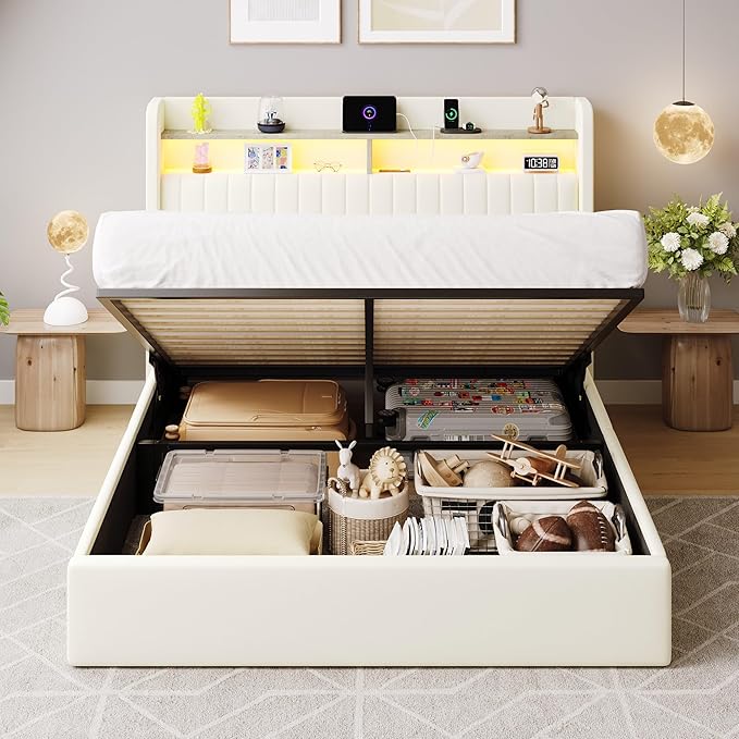 SHA CERLIN Queen Size Lift Up Storage Bed Frame/LED Lights/Charging Station/2-Tier Shelves Headboard/USB,Type-C Ports/Velvet Upholstered/Hydraulic Support/No Box Spring Needed/Noise Free/Cream