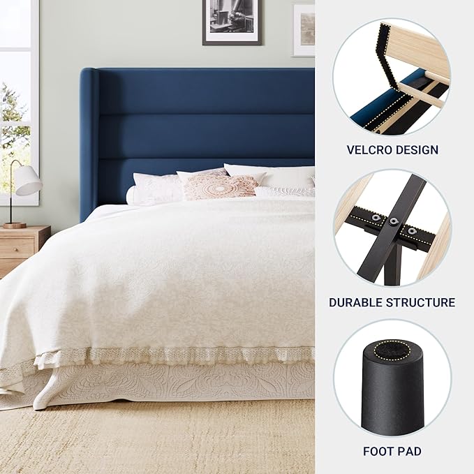 Allewie King Size Platform Bed Frame with Velvet Upholstered Wingback Headboard, No Box Spring Needed, Under Bed Storage Space, Wooden Slats, Modern Mattress Foundation, Easy Assembly, Blue