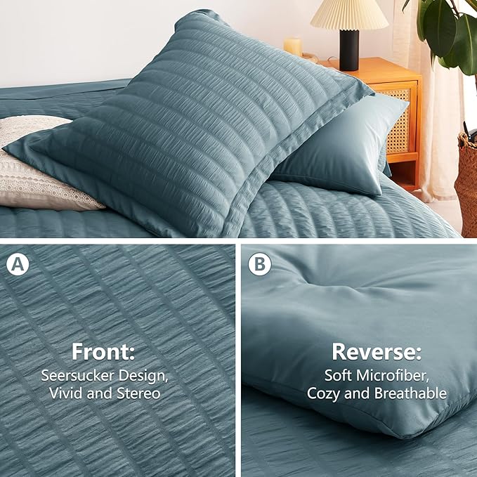 CozyLux Twin XL Comforter Set with Sheets Seersucker Mineral Blue 5 Pieces Bed in a Bag, Twin Extra Long Luxury Bedding Sets for College Dorm with Down Alternative Comforter, Sheets, Pillowcase & Sham