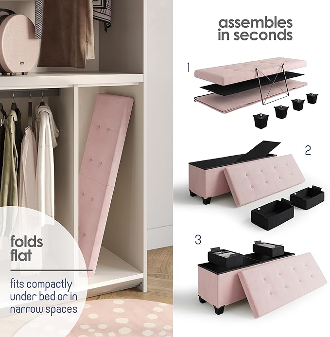Storage Ottoman Bench with Bins, 43-in Storage Bench for Bedroom End of Bed, Folding Foot Rest Ottoman for Living Room Max 660lbs, Velvet Ottomans, Pink