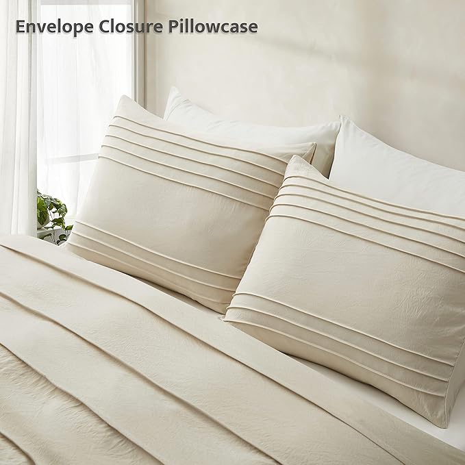 Oli Anderson Beige Duvet Cover King Size - Pleated King Duvet Cover, 3PCS Soft and Breathable Textured Bedding Set with Zipper Closure(Beige,104"x90")