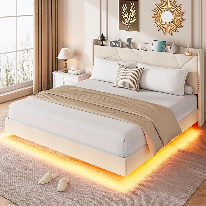 Garvee King Size Floating Bed Frame with RGB LED Lights and Charging Station, Upholstered Platform Bed with Storage Headboard and Button Tufted Design, No Box Spring Needed, Beige