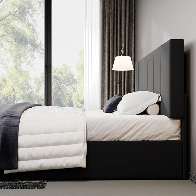 Allewie King Size Dutch Velvet Upholstered Platform Bed Frame/Vertical Channel Tufted Adjustable Headboard/Low Profile Bed Frame/No Box Spring Needed/Easy Assembly/Black