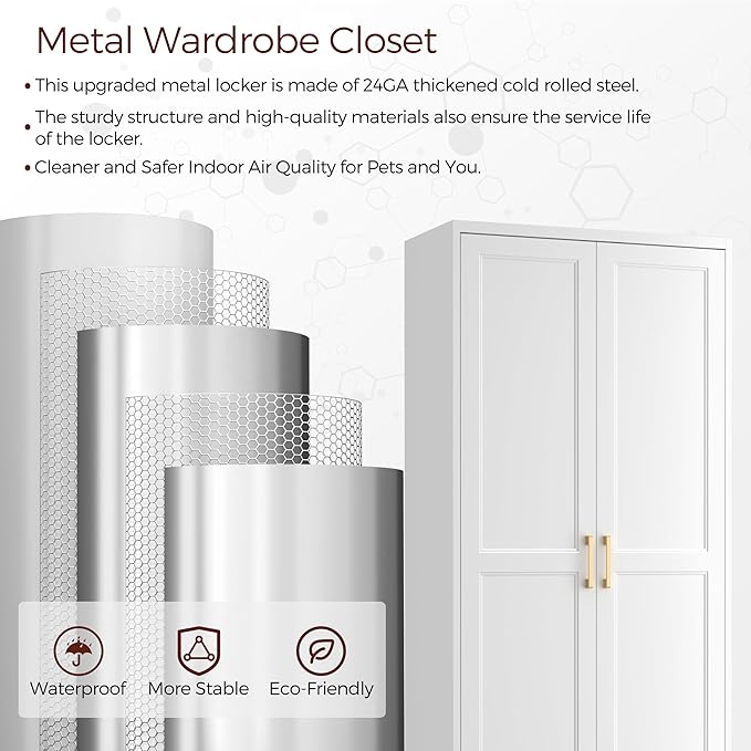 Metal Armoire Wardrobe Closet with 2 Doors, 71" Tall Wardrobe Closet with Doors, Hanging Rod, Drawers and Adjustable Shelves, White Clothing Storage Cabinets for Bedroom, Home Office