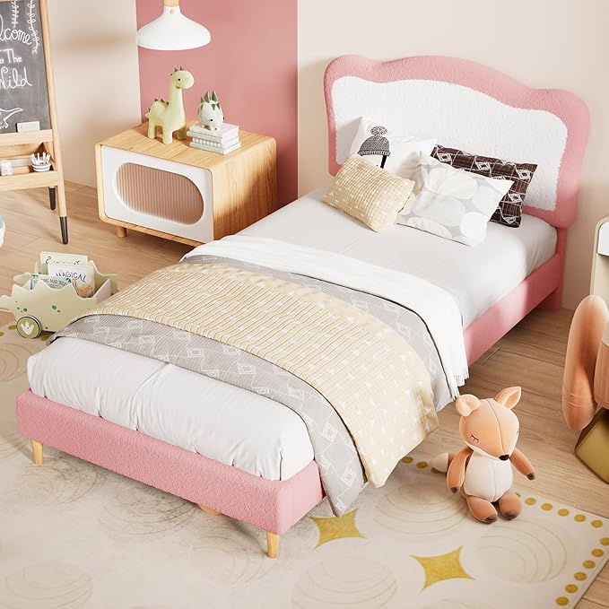 GarveeHome Full Bed Frames for Kids with Soft headboard, Velvet Low Bed Frame for Girls, Boys, No Box Spring Needed, Wooden Slats, Noise Free, Sturdy, Easy Assembly, Pink, White