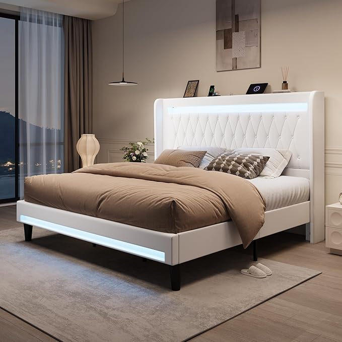 SHA CERLIN King Size LED Bed Frame with Charging Station, Velvet Upholstered Platform Bed with High Wingback Headboard, No Box Spring Needed, Easy Assembly, White