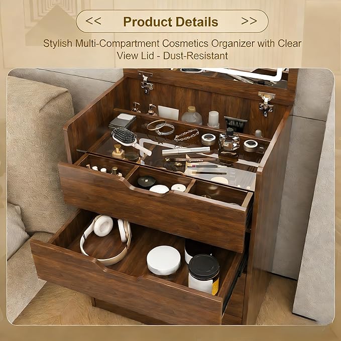 Casaphoria Vanity Desk with Mirror and Lights, 3-in-1 Flip Top Makeup Vanity Table with Stool and Storage, Compact Dressing Table for Small Space, Walnut Finish (23.62 Inch)