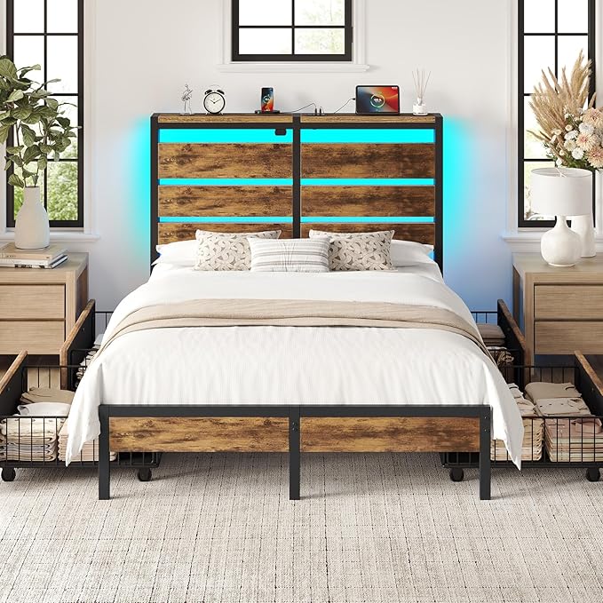 Rolanstar Full Size Bed Frame with 4 Drawers, LED Lights and Charging Station, Metal Platform Bed with Storage Headboard, Noise Free, Easy Assembly, No Box Spring Needed, Rustic Brown