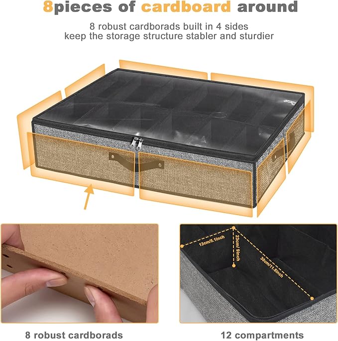 homyfort Under Bed Shoe Storage Organizer Fits 12 Pairs- Underbed Shoe Container Solution Shoes Box Bins with Clear Window for Sneakers,High Heels,Flip Flop(Black)