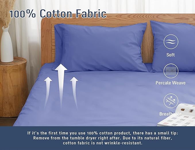 Pillow Cases, King Size Cotton Percale Weave Pillowcases, Pre-Shrunk Breathable and Hypoallergenic Pillowcases, Set of 2 (2 Piece King 20 Inch x 40 Inch, Purplish Blue)