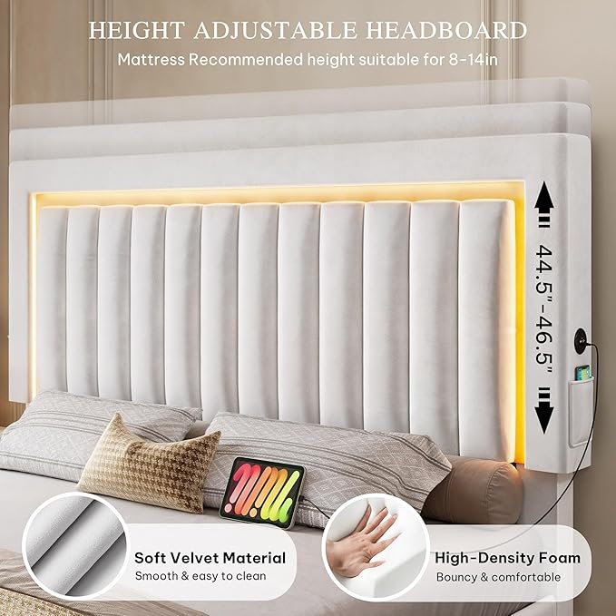 YITAHOME Queen Size Bed Frame with Adjustable Headboard, 4 Storage Drawers and RGB LED Lights, Velvet Upholstered Platform Bed with USB Ports, No Box Spring Needed, Fast Assembly, Noise-Free, White